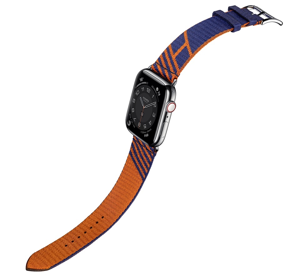 Apple Watch Hermes Series 6 bleu saphir orange H vibration woven Jumping band.jpg
