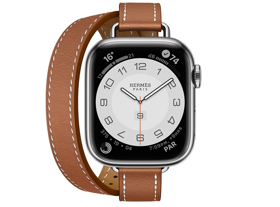 Apple Watch Hermes Series 7 Attelage 41mm bracelet double tour en veau Swift gold.jpg