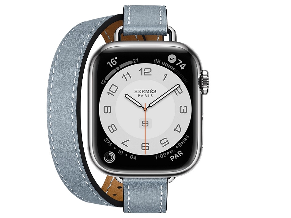 Apple Watch Hermes Series 7 Attelage 41mm bracelet double tour en veau Swift bleu lin.jpg