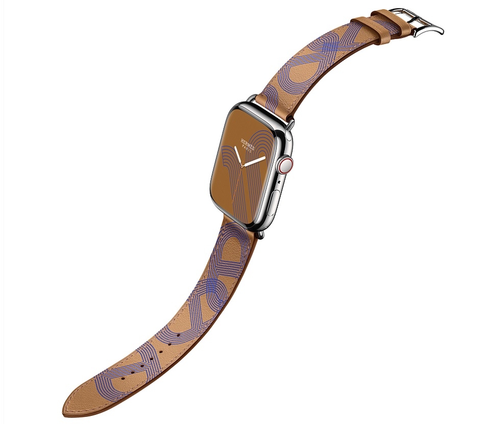 Apple Watch Hermes Series 7 Circuit H bracelet en veau Swift biscuitbleu electrique.jpg