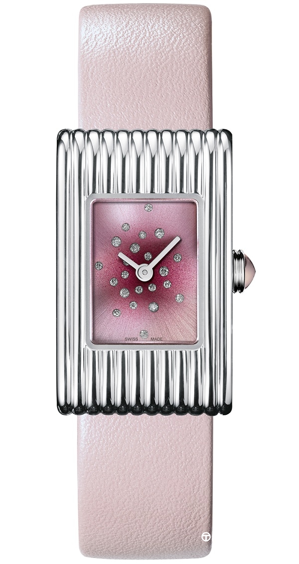 Reflet Small in steel, pink dial with 22 diamonds, pink leather strap..jpg